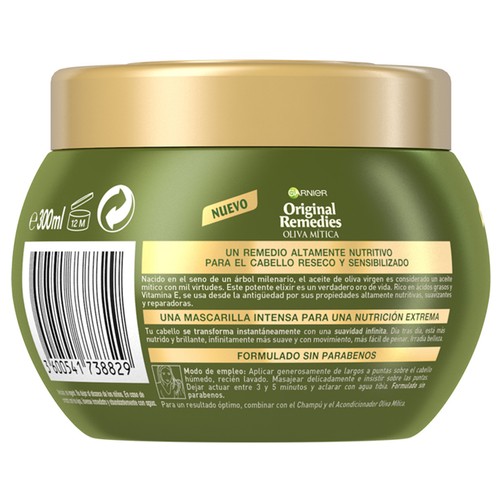ORIGINAL REMEDIES Mascarilla capilar nutrición extrema, para cabellos secos ORIGINAL REMEDIES Oliva mítica de Garnier 300 ml.