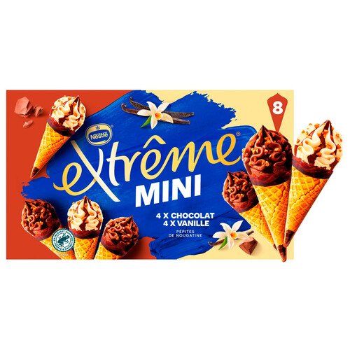 EXTRÈME Mini conos de helado de vainilla (4) y chocolate (4) con sirope y trocitos de almendras EXTRÉME de Nestlé 8 x 60 ml.