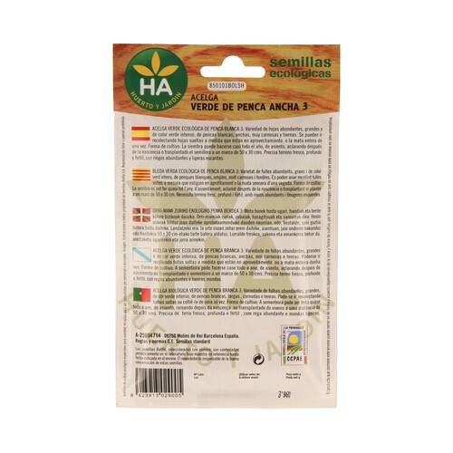Semillas ecológicas para sembrar acelgas de la variedad verde de penca ancha HA-HUERTO Y JARDÍN 3.96 gramos.