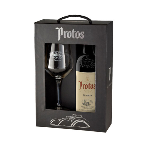 Estuche con botella de vino tinto reserva con denominación de origen Ribera del Duero PROTOS.