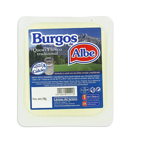 Queso fresco tradicional BURGOS de ALBE tarrina de 250 g.