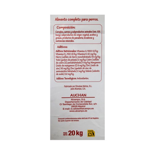 PRODUCTO ECONÓMICO ALCAMPO Comida para perro a base de croquetas de carne y cereales 20 kg.
