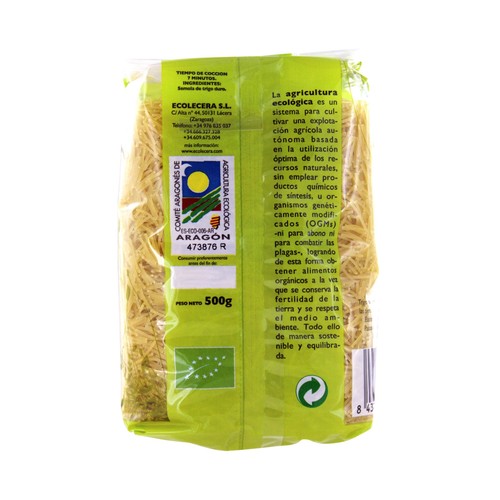 ECOLECERA Pasta fideos cabello de angel (cabellín), calidad superior, ecológicos 500 g.