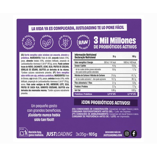 JUSTLOADING Barrita de dátil y arándano con probióticos 3c35 gr.