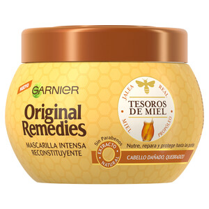 ORIGINAL REMEDIES Mascarilla capilar reconstituyente con jalea real, miel y extracto de propóleo para cabello dañado y quebradizo ORIGINAL REMEDIES Tesoros de la miel de Garnier 300 ml.
