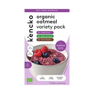 Imagen de KENCKO Copos de avena ecológicos instantáneos con chocolate (2), frutos rojos (2) y mazana y canela (2) 6 x 43 g.