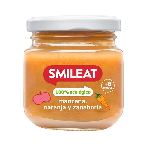 SMILEAT Tarrito de fruta y hortalizas 100% ecológicas (manzana, naranja y zanahoria), a partir 6 meses 130 g.