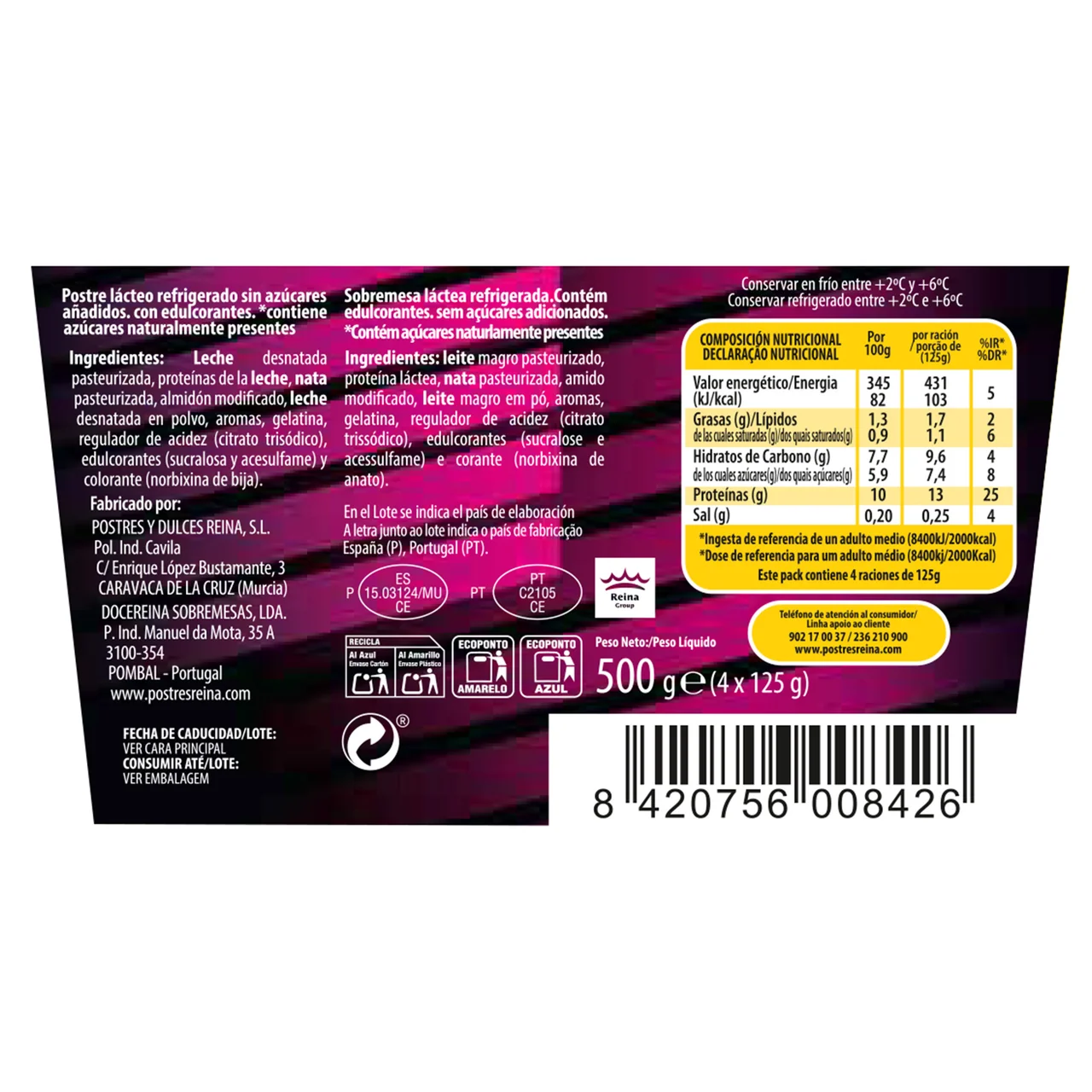 Natillas de vainilla bajas en grasa, sin azúcares añadidos y con alto contenido en proteínas (12.5 g) 4 x 125 g.