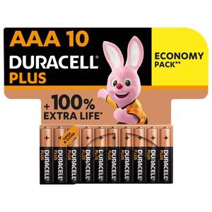 Pack de 10 pilas alcalinas AAA, LR03, 1,5V, DURACELL Plus.