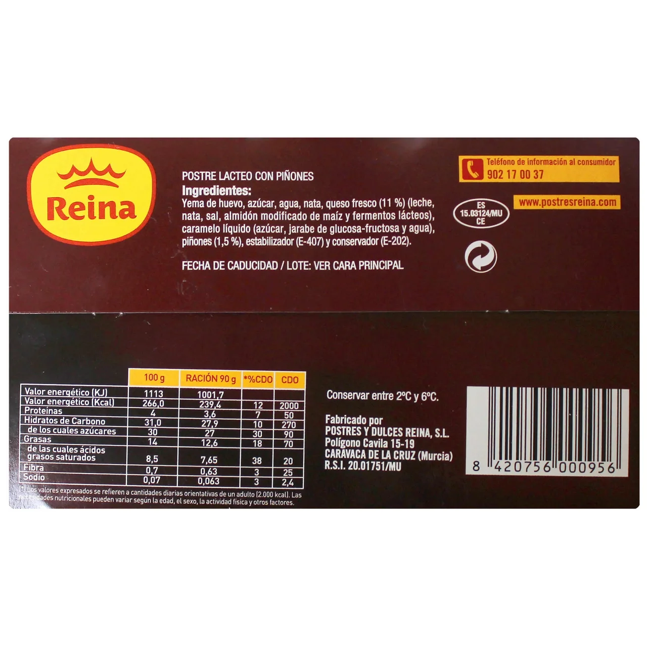 REINA Postre de crema de queso con tocino de cielo y piñones REINA 2 x 90 g.