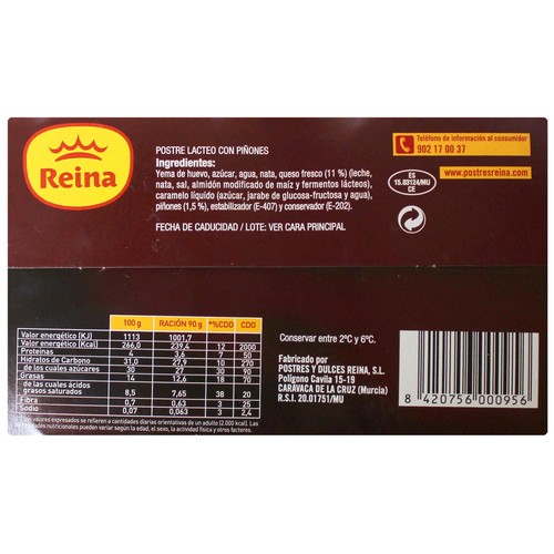 REINA Postre de crema de queso con tocino de cielo y piñones REINA 2 x 90 g.