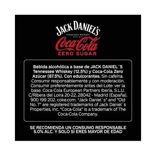 JACK DANIEL´S & COCA-COLA zero azúcar lata 330 ml.