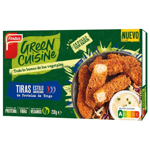 FINDUS Tiras sin pollo estilo americano a base de proteína de trigo Green cuisine 210 g