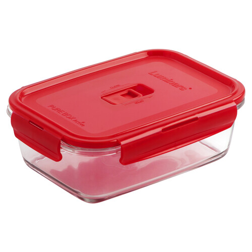 Recipiente hermético rectangular de vidrio templado y tapa color rojo, Pure Box Active, 1,22 litros, 13cm. LUMINARC.