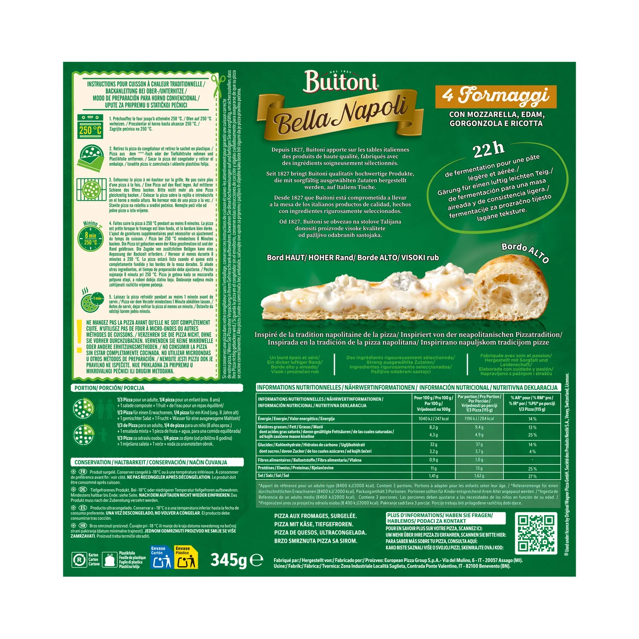Bella napoli Pizza 4 quesos con masa gruesa 345 g.