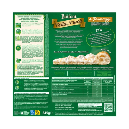 BUITONI Bella napoli Pizza 4 quesos con masa gruesa 345 g.