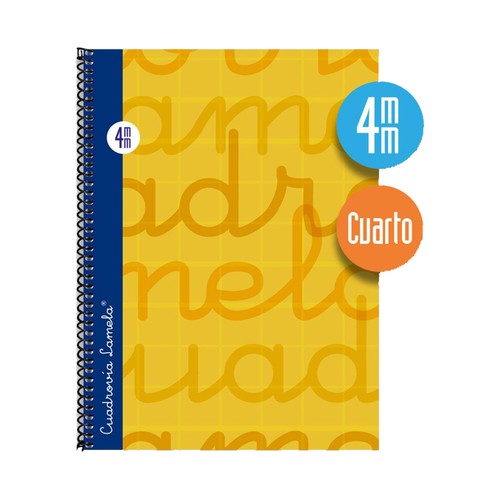 Cuaderno de espiral tamaño cuarto con 80 hojas de cuadrovía 4mm. Cubierta extra dura color amarillo. EDITORIAL LAMELA.