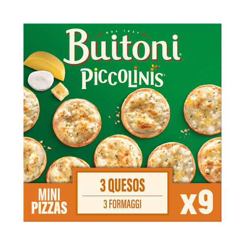 PICCOLINIS de Buitoni Mini pizzas 3 quesos (mozzarella, emmental y queso curado) 9 x 30 g.