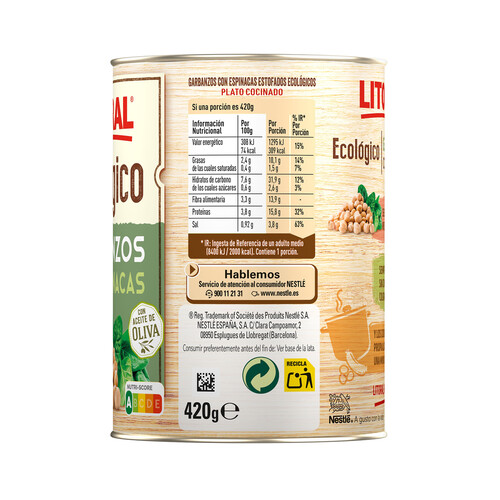 LITORAL Garbanzos con espinacas ecológicos LITORAL 420 g. Alcampo