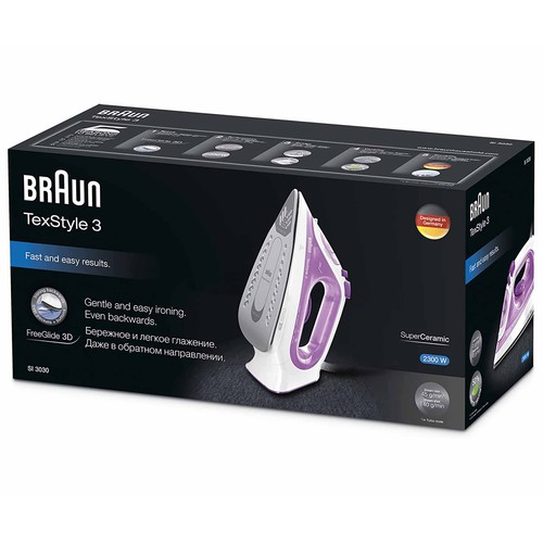 Plancha de vapor BRAUN SI3030PU, suela 3D Superceramic, potencia 2300W.
