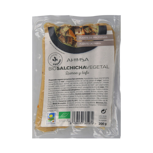 AHIMSA Salchichas vegetales quinoa y tofu ecológicas AHIMSA 200 g.