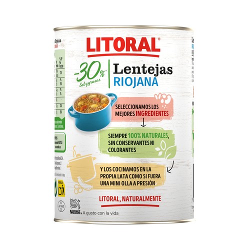 LITORAL Lentejas a la Riojanas con un 30% menos de sal y grasas lata 425 g.