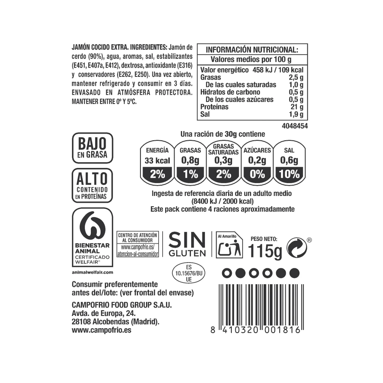 CAMPOFRÍO Jamón cocido de calidad extra, cortado en lonchas CAMPOFRÍO Finissimas 115 g.