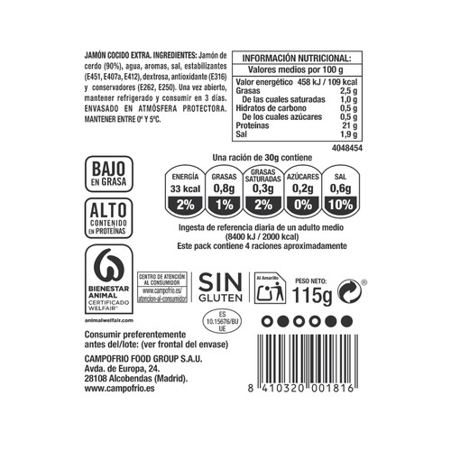 CAMPOFRÍO Jamón cocido de calidad extra, cortado en lonchas CAMPOFRÍO Finissimas 115 g.
