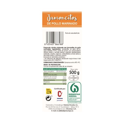 ALCAMPO CULTIVAMOS LO BUENO Jamoncitos de pollo certificado marinados Bandeja 500 Gramos Aproximados