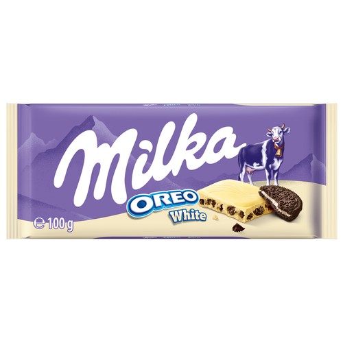 Chocolate blanco con relleno sabor vainilla y trozos de galleta con cacao MILKA OREO BLANCO.100 g.