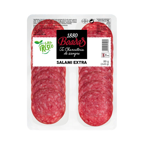 Salami de categoria extra, sin gluten y cortado en finas lonchas BOADAS 2 x 40 g.