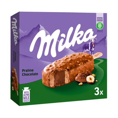 MILKA Bombón helado sabor avellana, con trocitos de avellana tostadas, recubierto chocolate con leche 3 x 90 ml.
