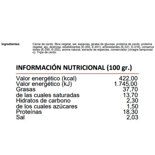 EL CONCHEL Chorizo pincho dulce envasado al vacío Especial Barbacoa 300 g.