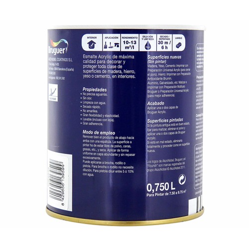 Bote de 0.75l. de esmalte acrílico decorativo de color blanco permanente con acabado mate BRUGUER.