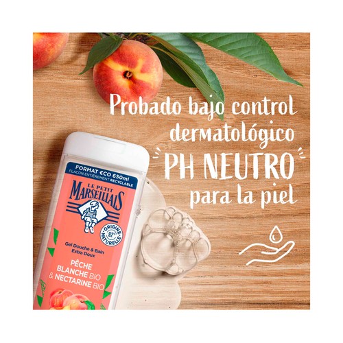 LE PETIT MARSEILIAIS Gel para baño o ducha extra suave, con melocotón blanco y nectarina bio, para pieles sensibles 650 ml.