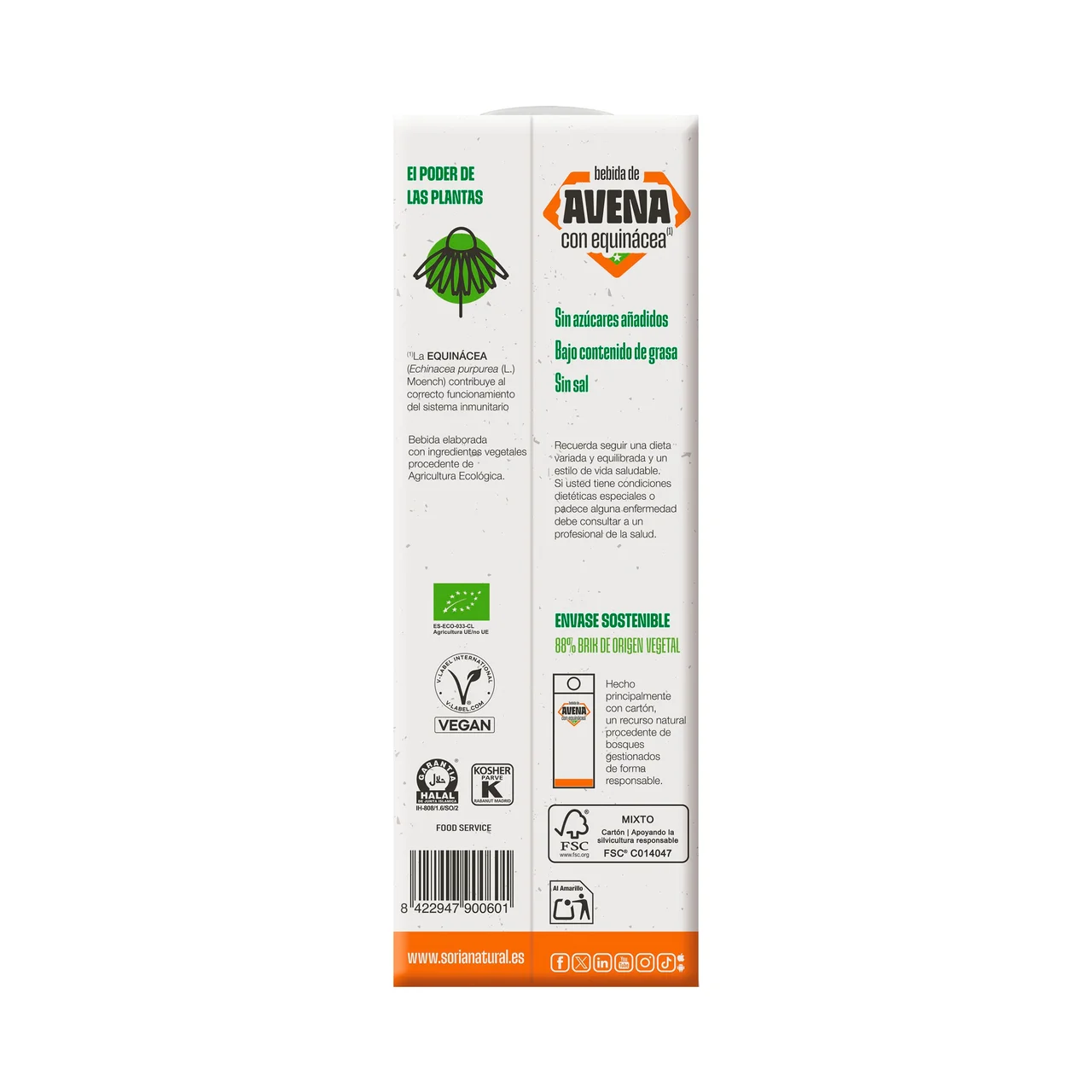 SORIA NATURAL Defensas Bebida vegetal ecológica de avena con equinácea 1 l