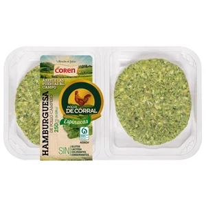 Bandeja con hamburguesas de pollo de corral con espinacas COREN 2 x 125 g.