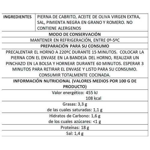 SUMMUM DEL SUR Pierna de cabrito en bolsa horneable.