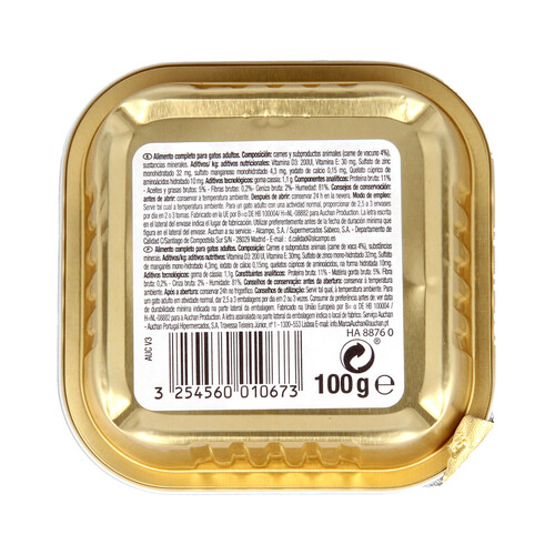 PRODUCTO ALCAMPO Comida para gatos a base de paté de buey PRODUCTO ALCAMPO tarrina de 100 g.