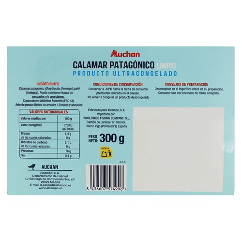 AUCHAN Calamar patagónico entero 300 g. Producto Alcampo.