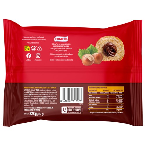 BOLLYCAO Bollo relleno de cacao 4 uds. 228 g.
