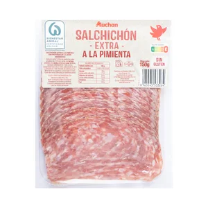AUCHAN Salchichón a la pimienta de categoria extra, sin gluten y cortado en lonchas 150 g. Producto Alcampo