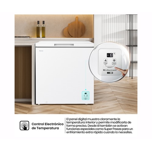 Arcón congelador horizontal HISENSE FT200N1AWDL, color blanco, clasificación energética: D, H: 85,8cm, A: 78,7cm, F: 55,9cm, capacidad total: 198L.