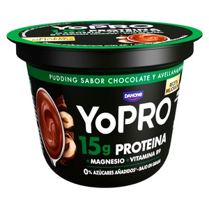 YOPRO de Danone Pudding sabor chocolate y avellana con alto contenido en proteina 150 g.