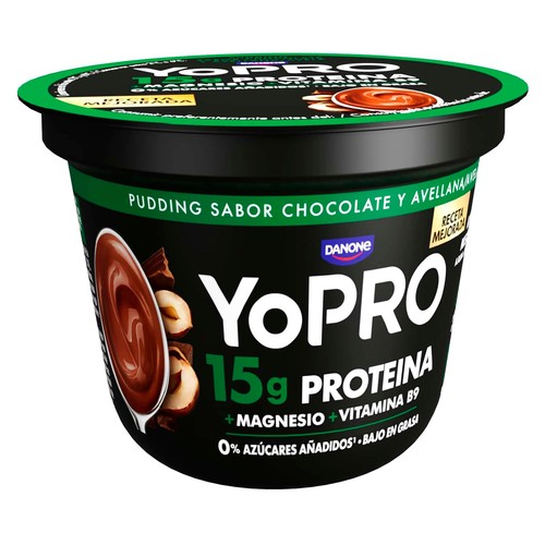 YOPRO de Danone Pudding sabor chocolate y avellana con alto contenido en proteina 150 g.