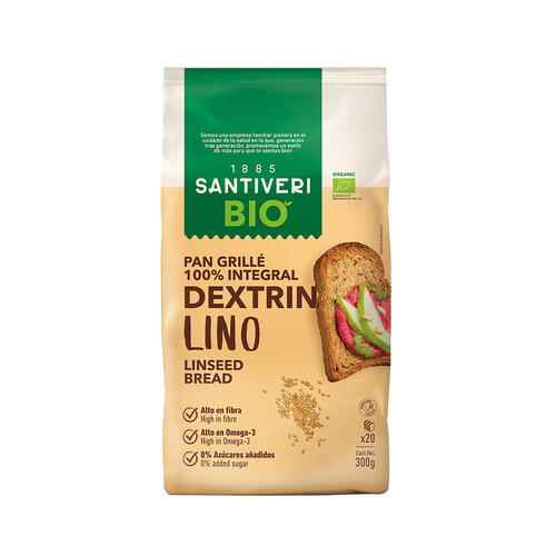 SANTIVERI Pan tostado integral con semillas de lino, ecológico Dextrin SANTIVERI, 300 g..