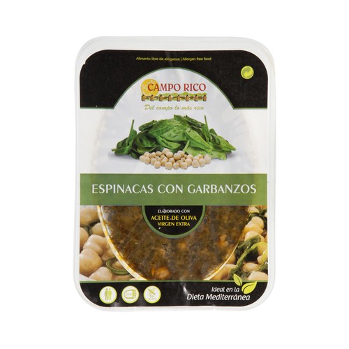 CAMPO RICO Espinacas con garbanzos, listas para calentar y comer 250 g.