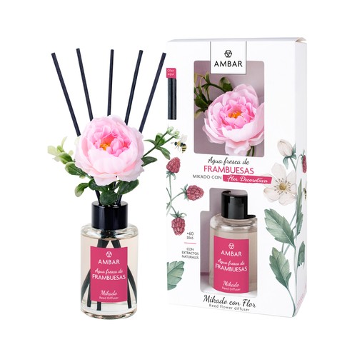 AMBAR Ambientador perfumador de varillas con flor (Mikado), con aroma a frambuesas 75 ml.