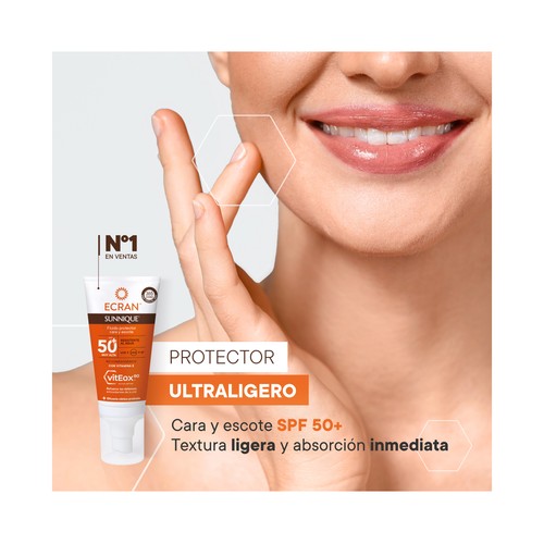 ECRAN Sunnique Fluido facial protector para cara y escote con FPS 50+ (muy alto) 50 ml.