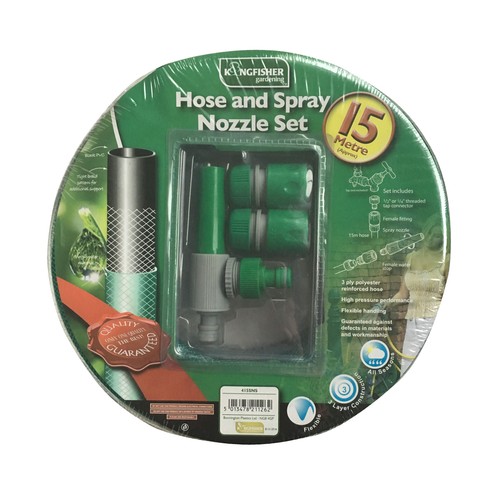 Kit de manguera de 3 capas de polyester y 15 metros + 2 racores (1 de 1/2" y 1 de 1/4"), 1 conector hembra y una lanza de riego con sistema aqua stop KINGFISHER 1 unidad.